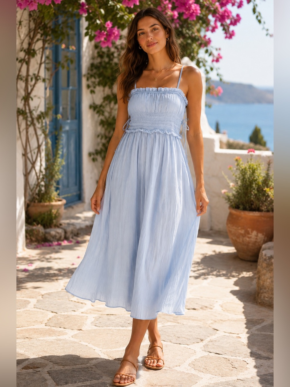 American Eagle Light Blue Smocked Maxi Dress with Spaghetti Straps 100% Cotton